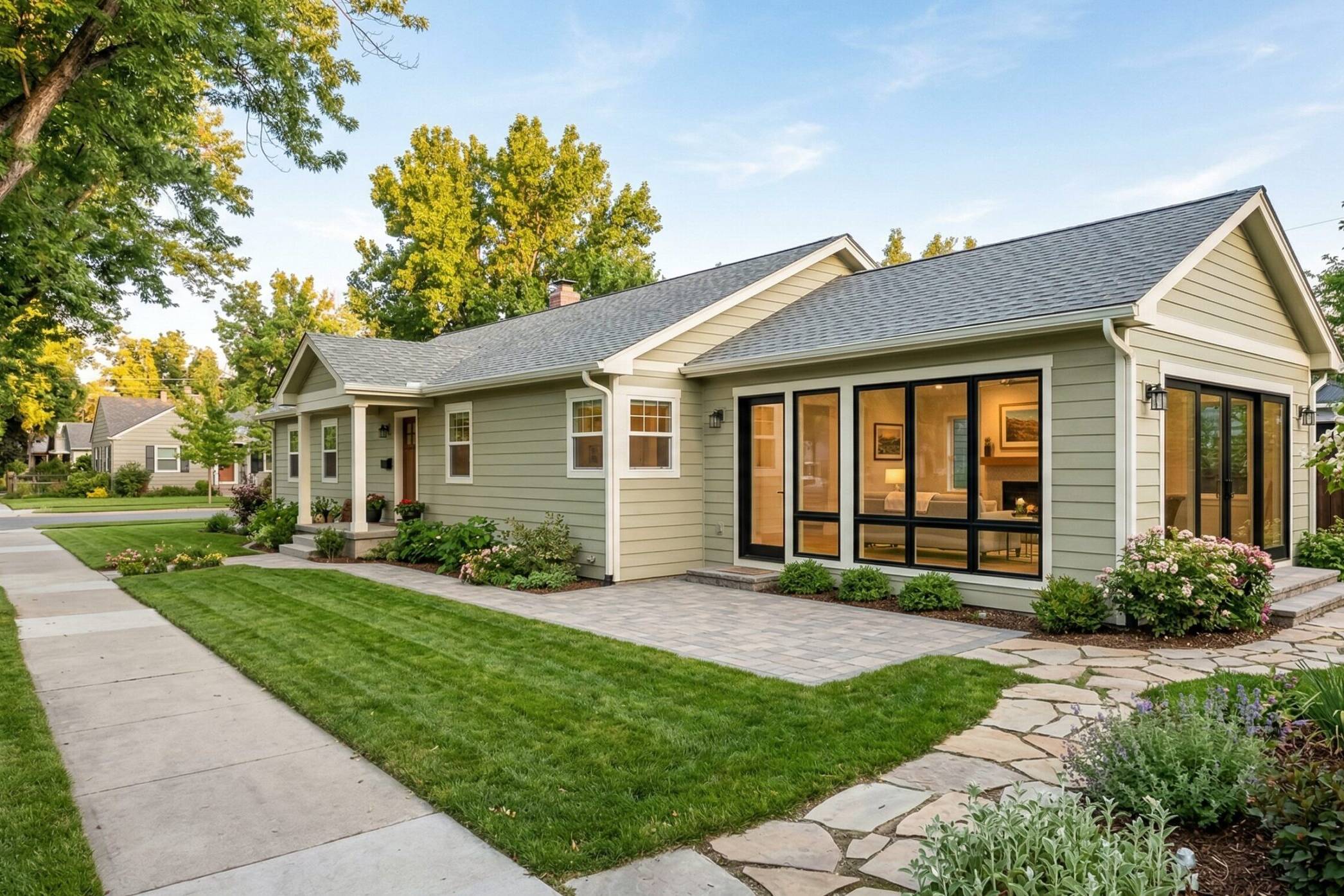 Single-story light green house with large windows, well-kept lawn, stone walkway, and surrounding trees and shrubs on a suburban street in the early evening.