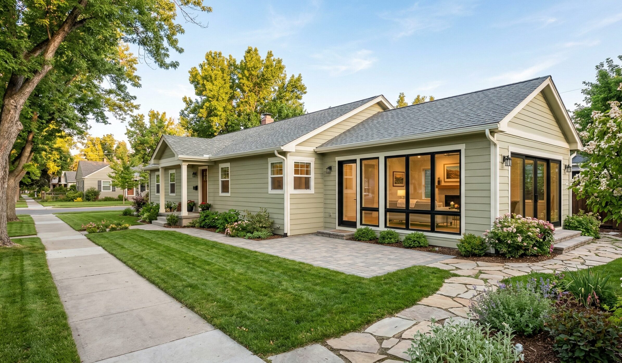 Single-story light green house with large windows, well-kept lawn, stone walkway, and surrounding trees and shrubs on a suburban street in the early evening.