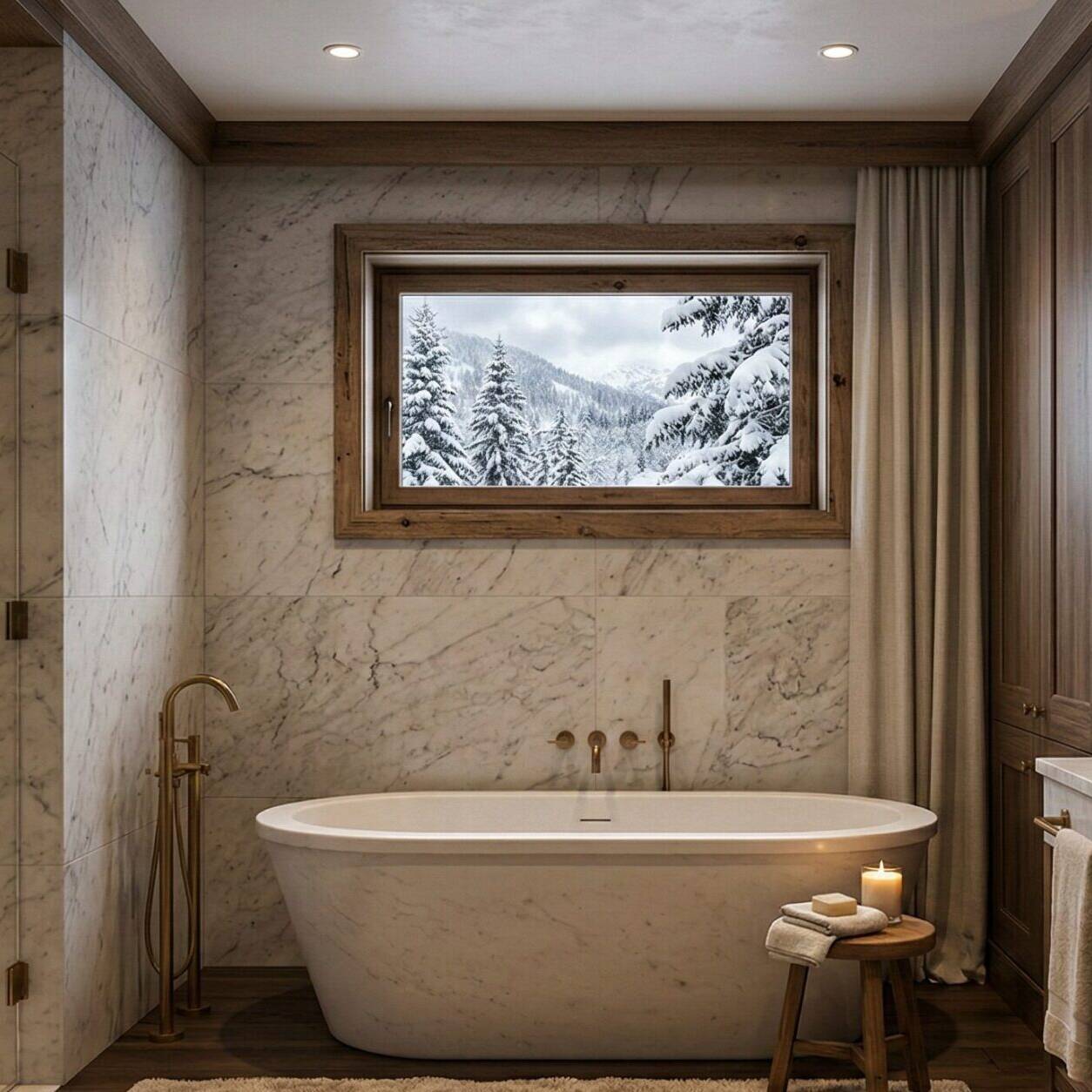 Luxurious marble bathroom with a freestanding tub, double sinks, gold fixtures, soft lighting, plush rug, candles, towels, and a large window showing a snowy mountain landscape outside.