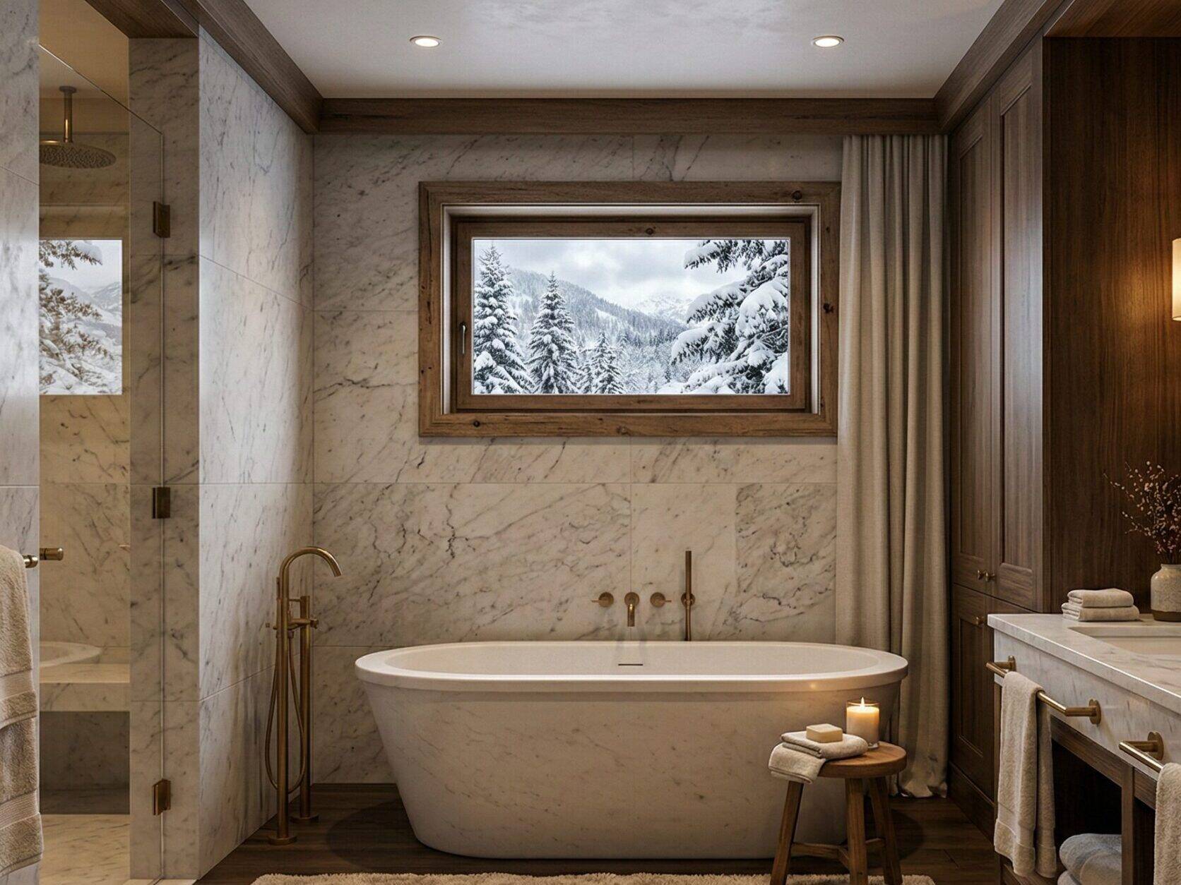 Luxurious marble bathroom with a freestanding tub, double sinks, gold fixtures, soft lighting, plush rug, candles, towels, and a large window showing a snowy mountain landscape outside.
