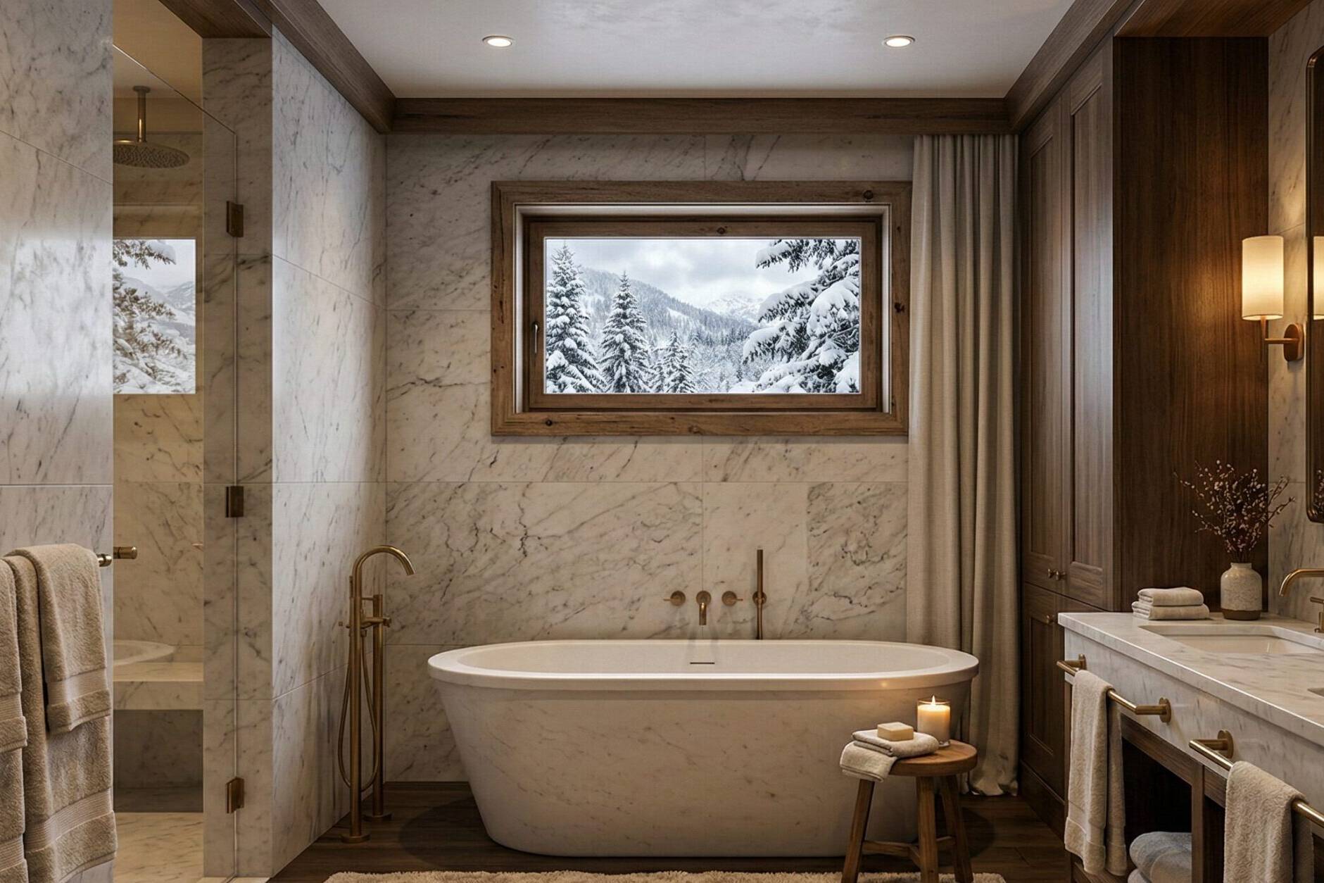 Luxurious marble bathroom with a freestanding tub, double sinks, gold fixtures, soft lighting, plush rug, candles, towels, and a large window showing a snowy mountain landscape outside.