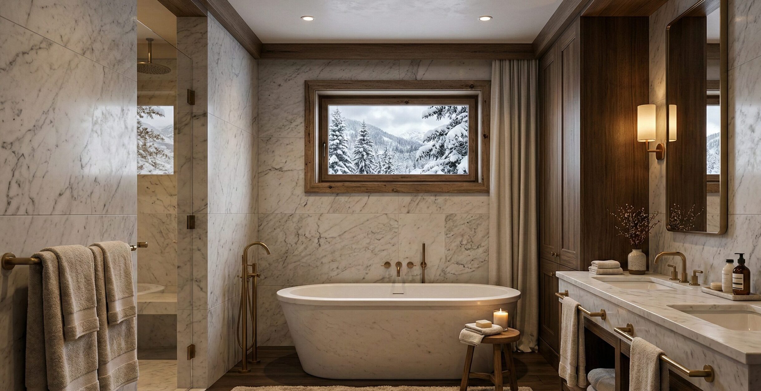 Luxurious marble bathroom with a freestanding tub, double sinks, gold fixtures, soft lighting, plush rug, candles, towels, and a large window showing a snowy mountain landscape outside.