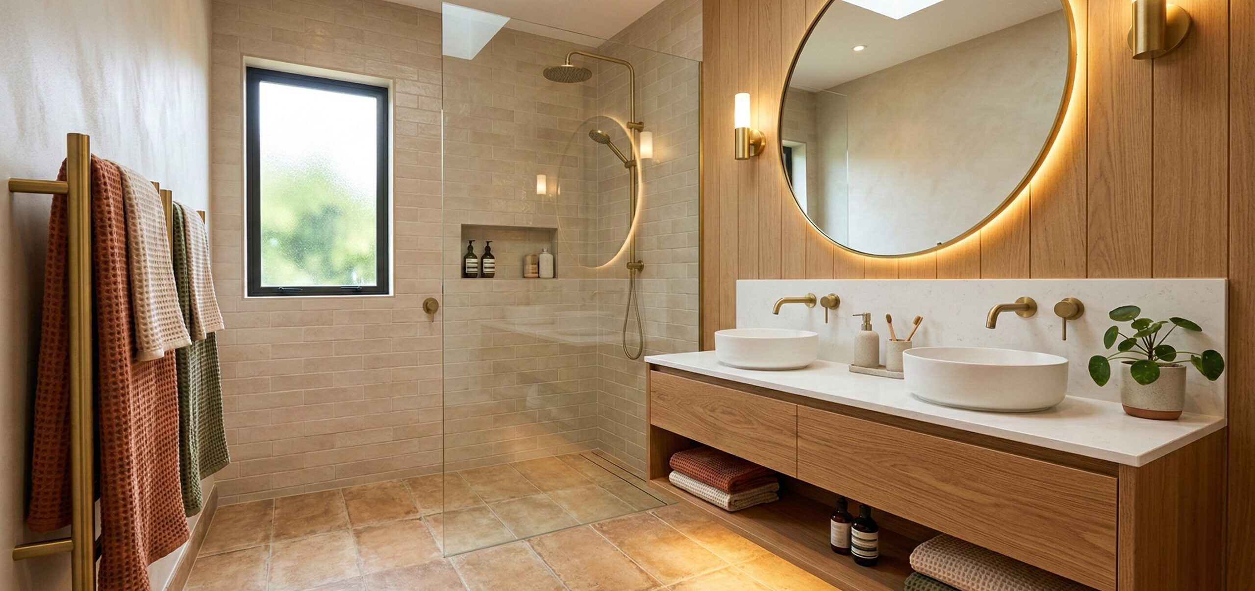 Modern bathroom with a walk-in shower, large round mirror with backlighting, double sinks on a wooden vanity, gold fixtures, and neatly folded towels in earthy tones on racks and shelves.