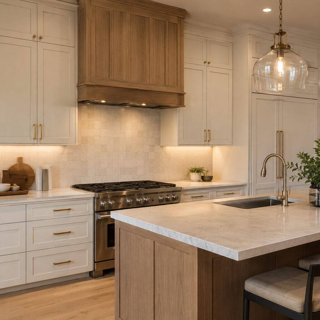 Modern kitchen with cream cabinets, a wooden range hood, stainless steel stove, marble countertops, and pendant lights over an island with stools. There is a plant and a cutting board on the countertops.