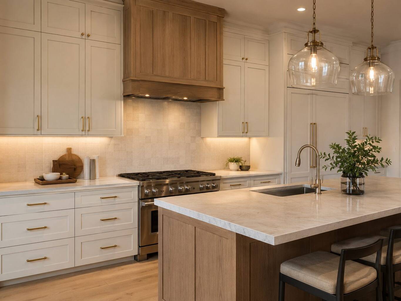 Modern kitchen with cream cabinets, a wooden range hood, stainless steel stove, marble countertops, and pendant lights over an island with stools. There is a plant and a cutting board on the countertops.