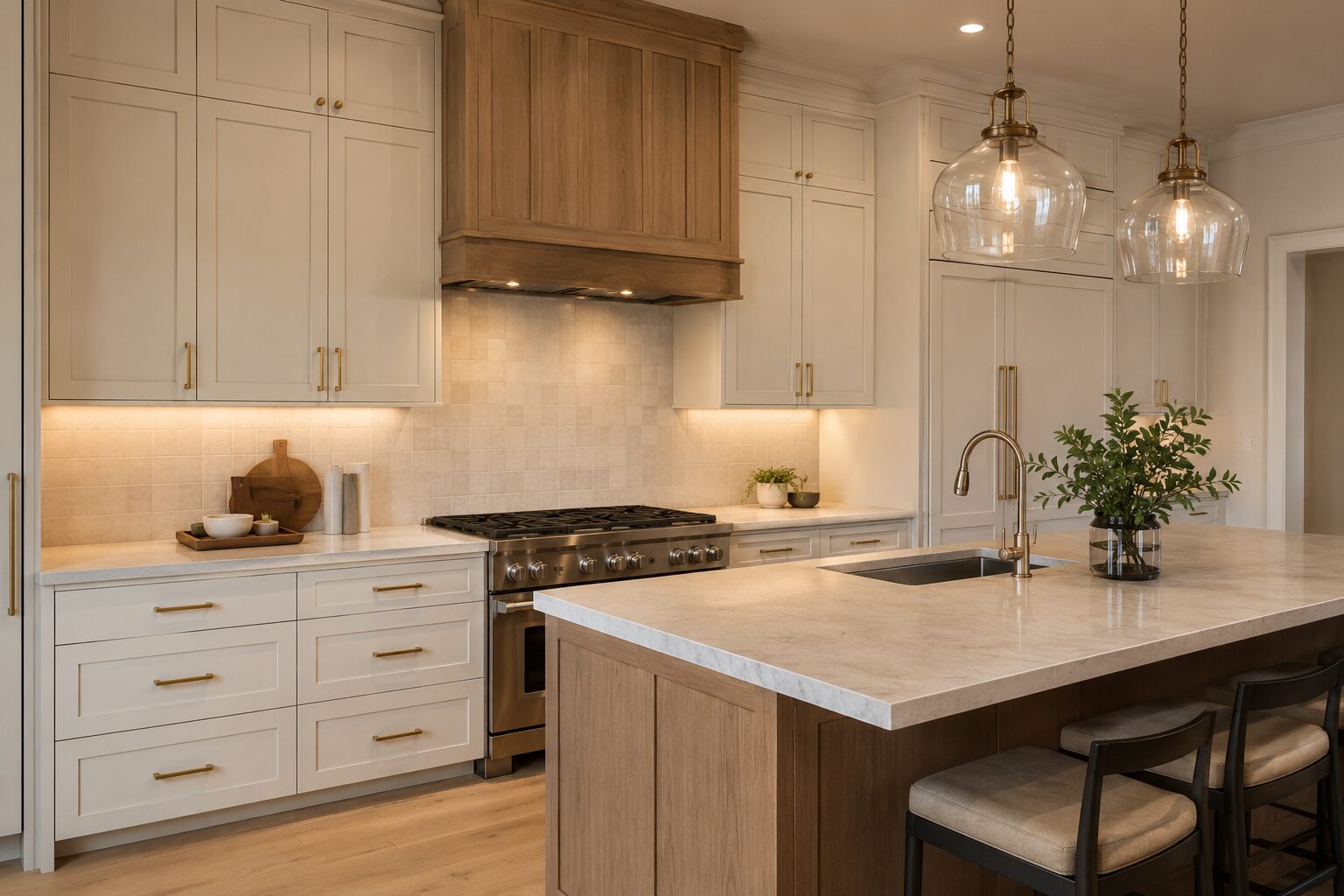 Modern kitchen with cream cabinets, a wooden range hood, stainless steel stove, marble countertops, and pendant lights over an island with stools. There is a plant and a cutting board on the countertops.