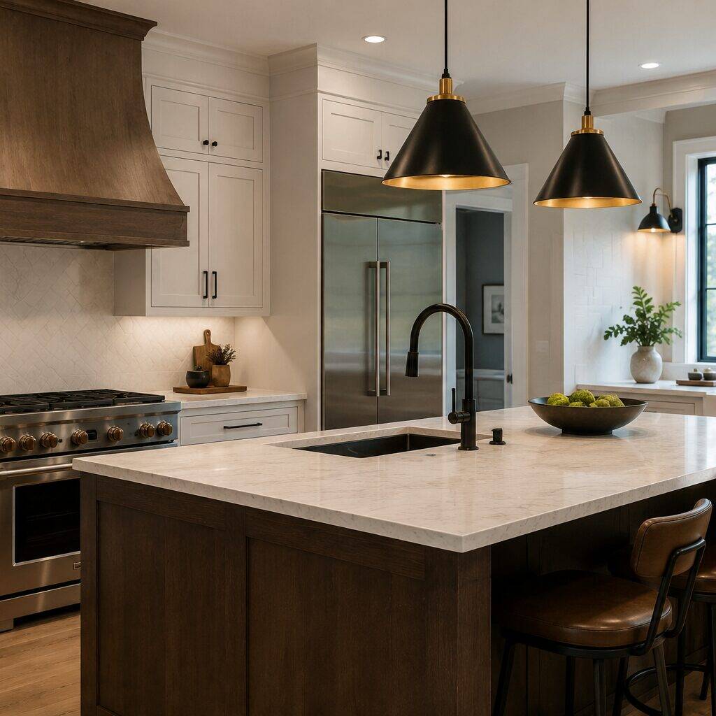 Modern kitchen with a large island featuring a marble countertop, three brown leather barstools, black pendant lights, stainless steel appliances, a farmhouse sink, and large window letting in natural light.
