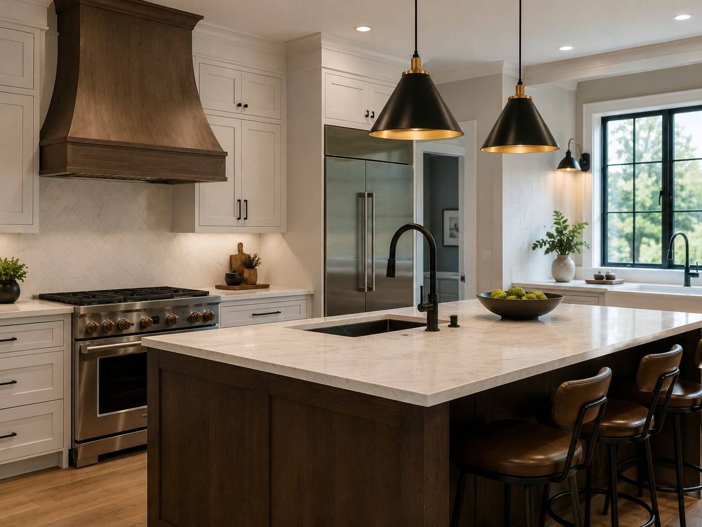Modern kitchen with a large island featuring a marble countertop, three brown leather barstools, black pendant lights, stainless steel appliances, a farmhouse sink, and large window letting in natural light.