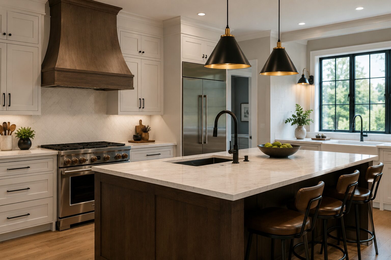 Modern kitchen with a large island featuring a marble countertop, three brown leather barstools, black pendant lights, stainless steel appliances, a farmhouse sink, and large window letting in natural light.
