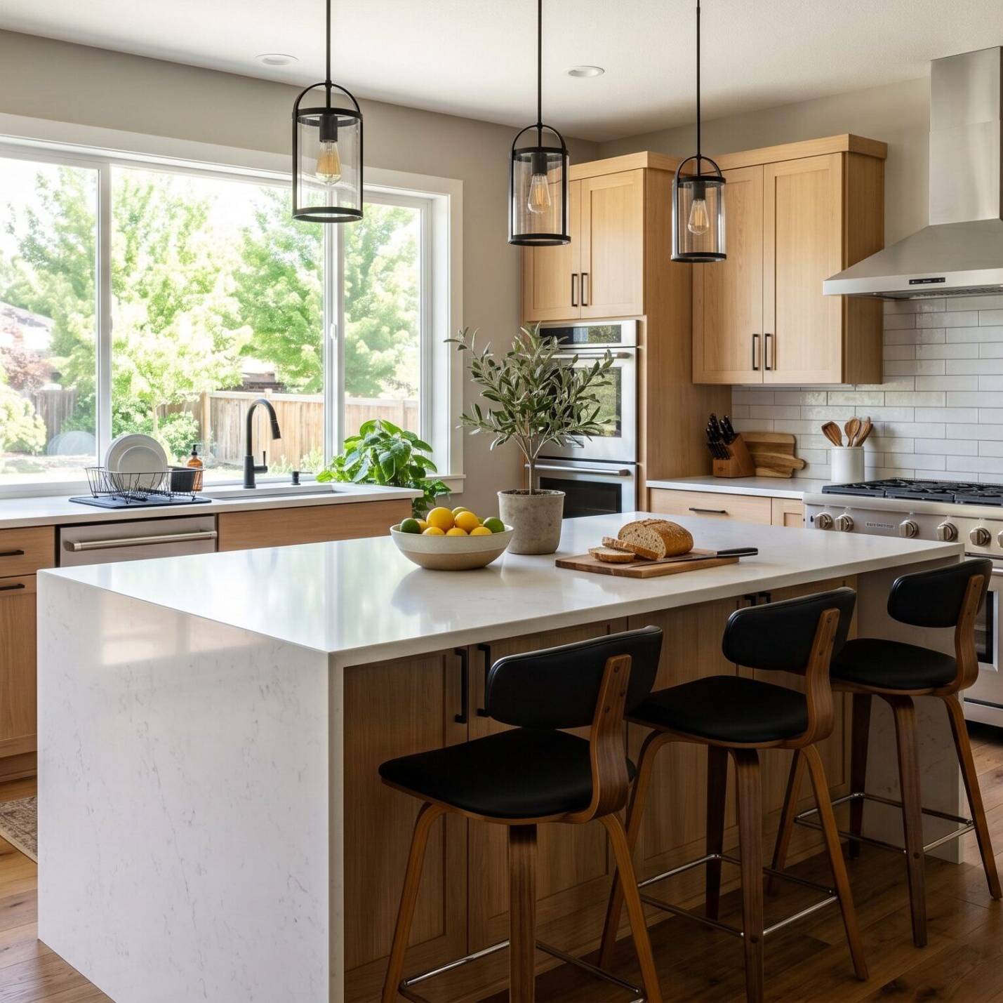 Modern kitchen with light wood cabinets, a large white island with three black barstools, stainless steel appliances, pendant lights, and a window letting in natural light. Fruit bowl and bread sit on the island.