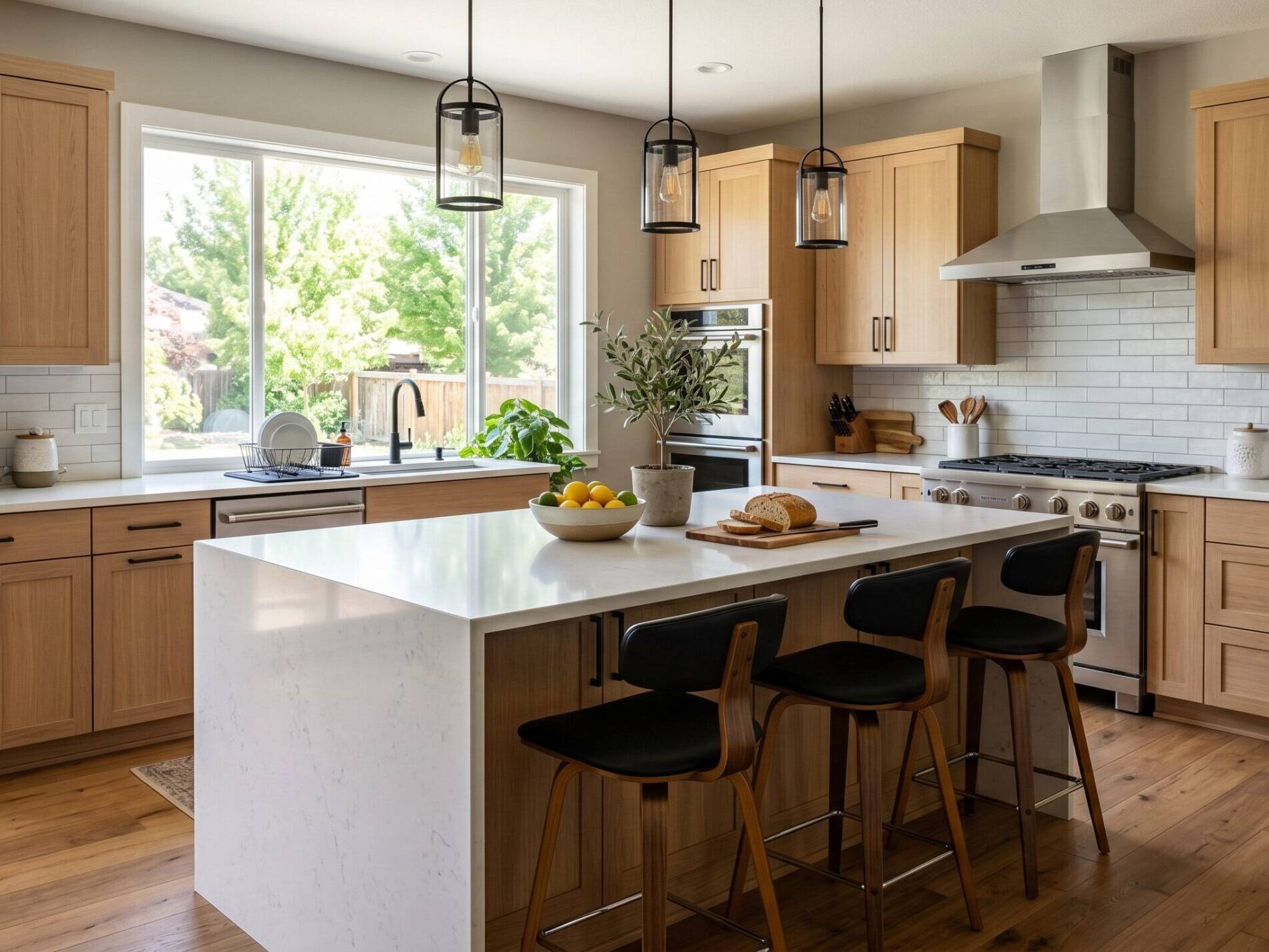 Modern kitchen with light wood cabinets, a large white island with three black barstools, stainless steel appliances, pendant lights, and a window letting in natural light. Fruit bowl and bread sit on the island.