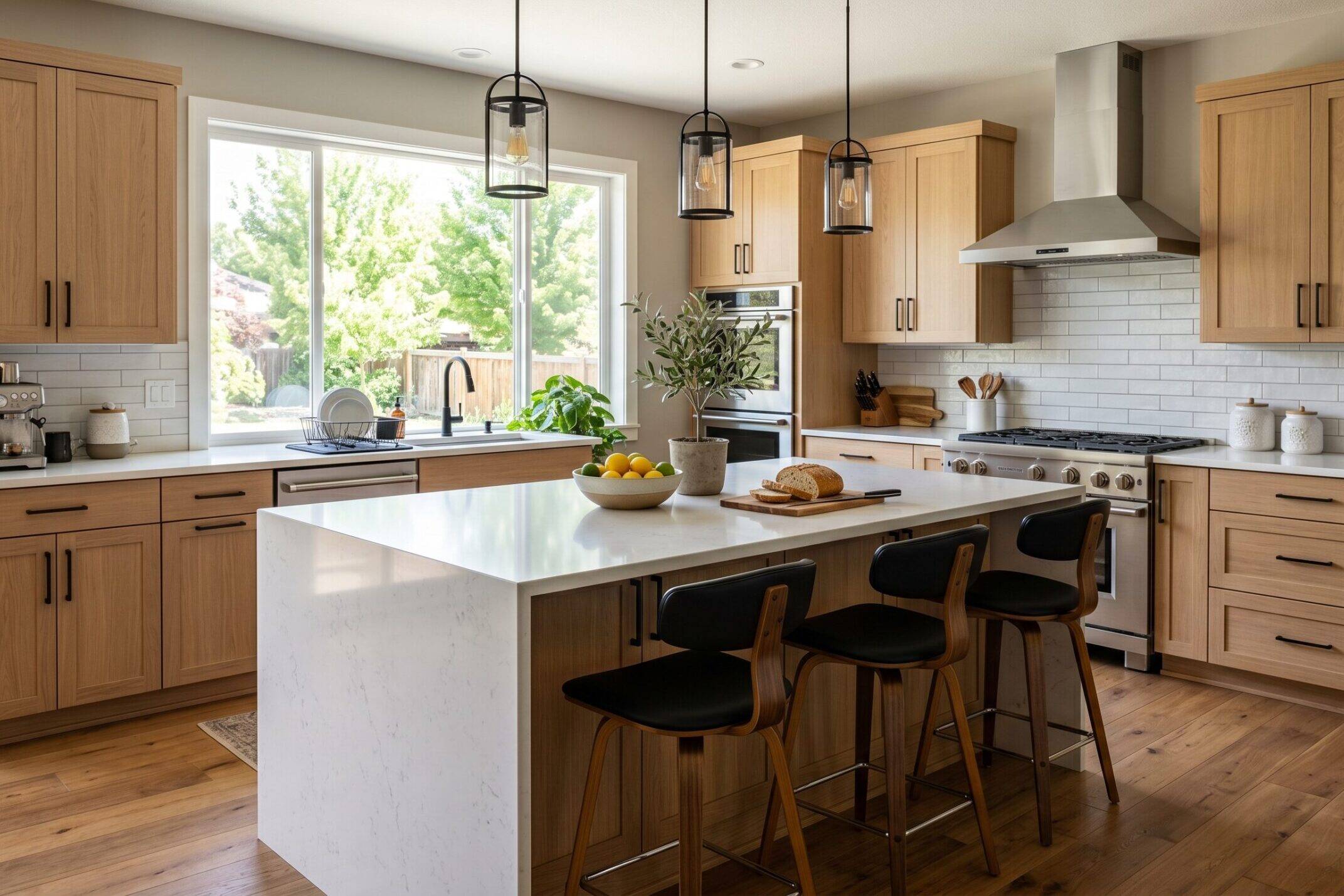Modern kitchen with light wood cabinets, a large white island with three black barstools, stainless steel appliances, pendant lights, and a window letting in natural light. Fruit bowl and bread sit on the island.