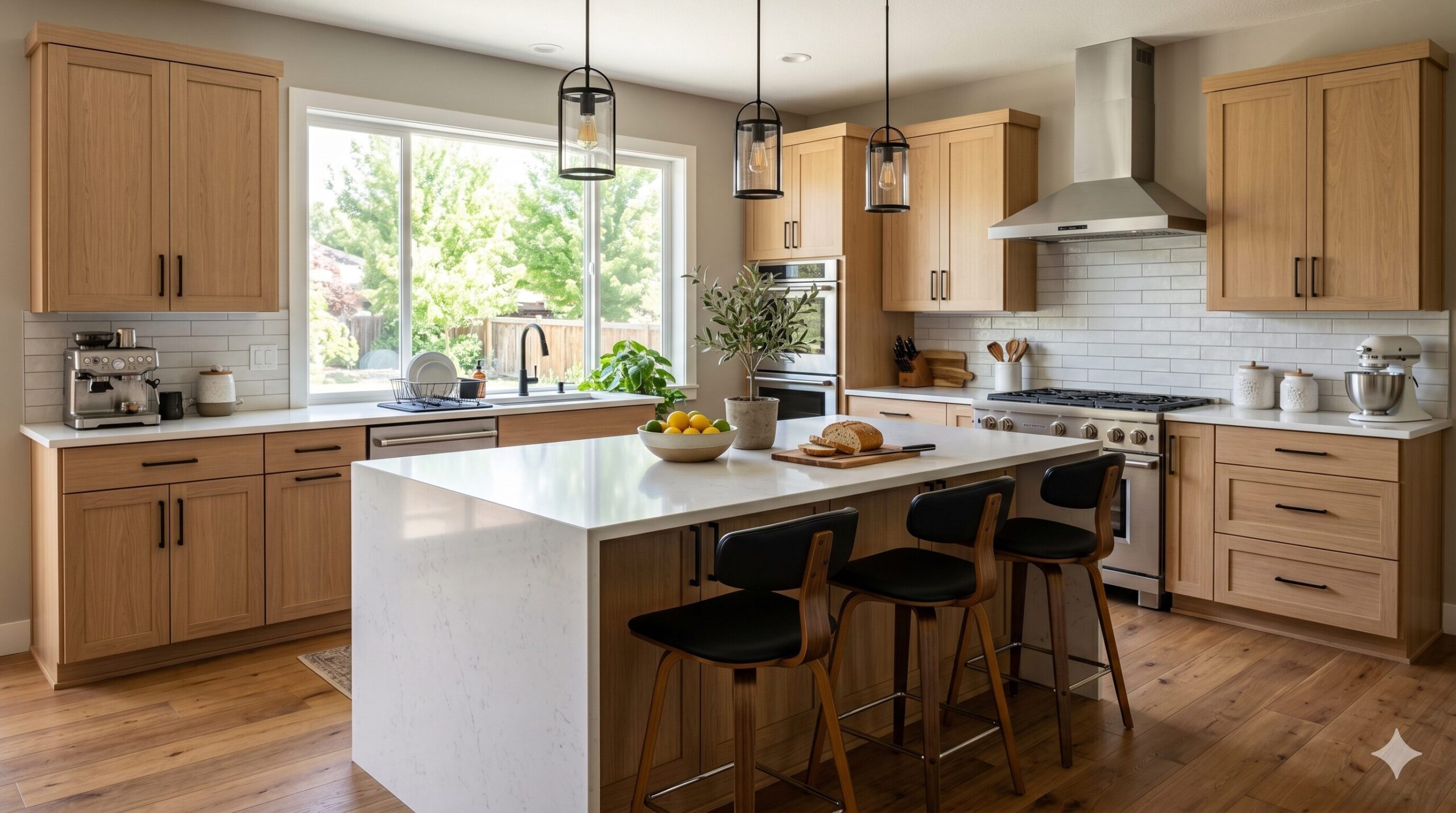 Modern kitchen with light wood cabinets, a large white island with three black barstools, stainless steel appliances, pendant lights, and a window letting in natural light. Fruit bowl and bread sit on the island.