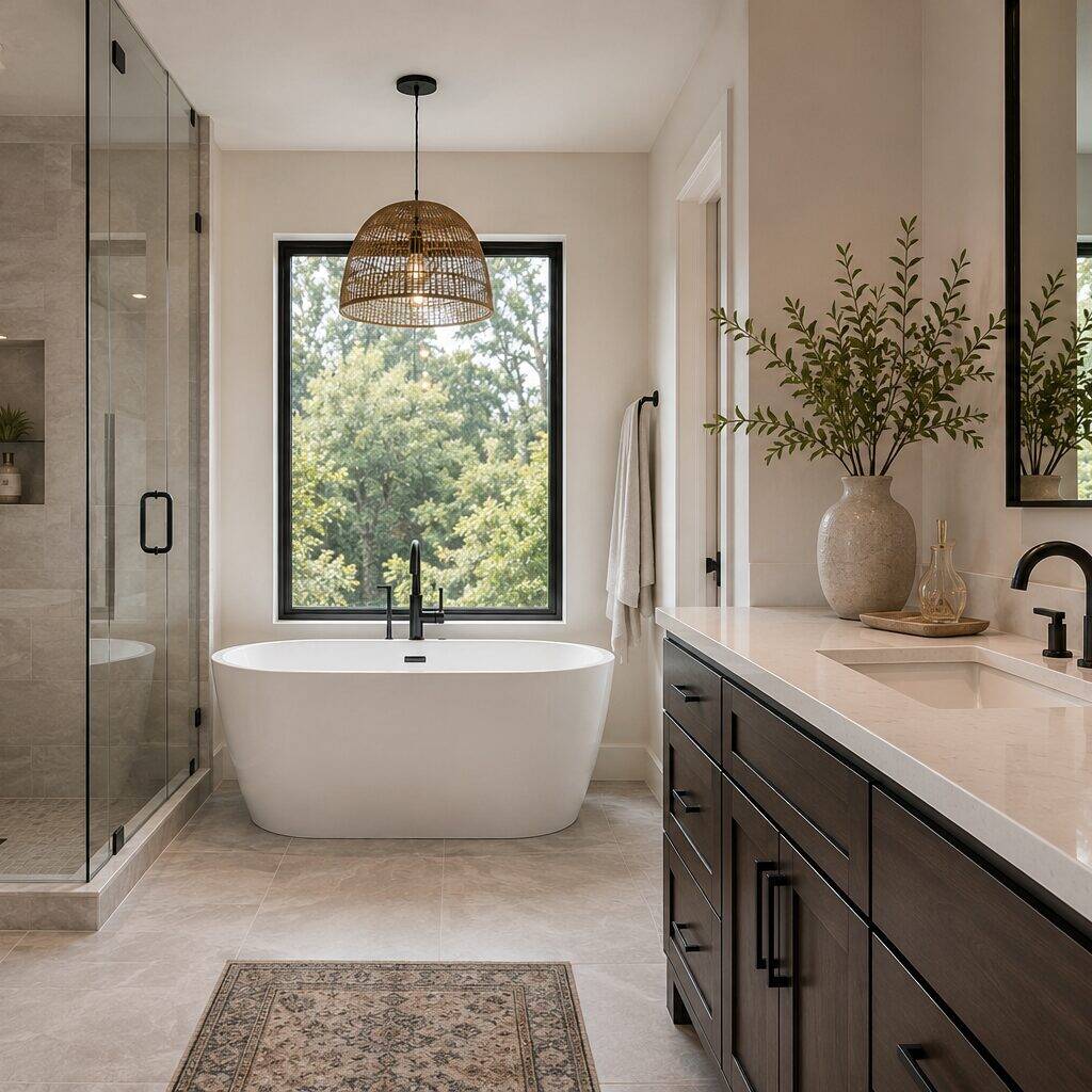 Modern bathroom with a glass shower, freestanding tub by a large window, dark wood vanity with double sinks, a rug on light tile floor, and a large vase with green branches for decoration.