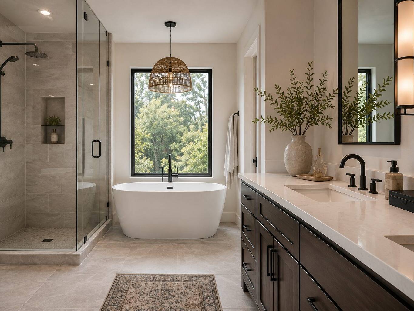Modern bathroom with a glass shower, freestanding tub by a large window, dark wood vanity with double sinks, a rug on light tile floor, and a large vase with green branches for decoration.