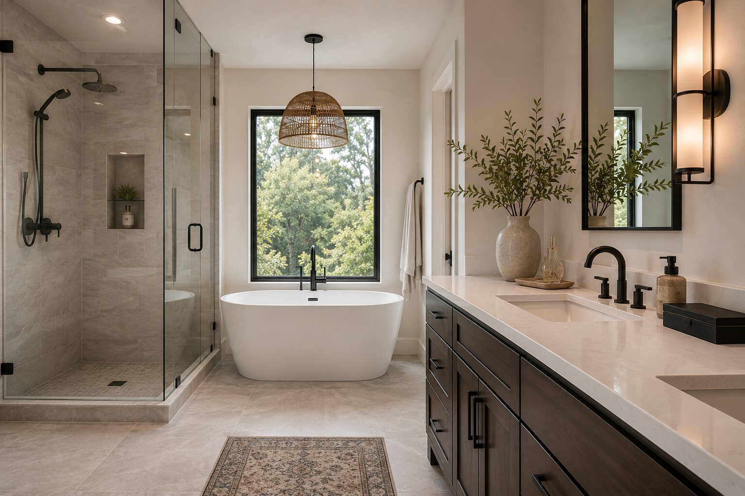 Modern bathroom with a glass shower, freestanding tub by a large window, dark wood vanity with double sinks, a rug on light tile floor, and a large vase with green branches for decoration.