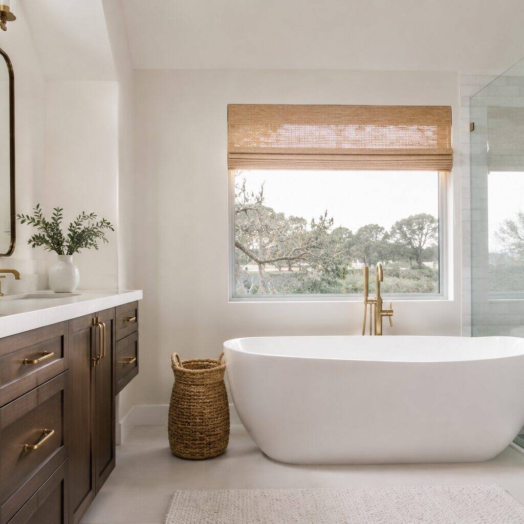 Modern bathroom with a freestanding white tub, glass shower, wooden vanity with gold fixtures, large mirror, woven basket, potted plant, and a window with a natural woven shade letting in natural light.