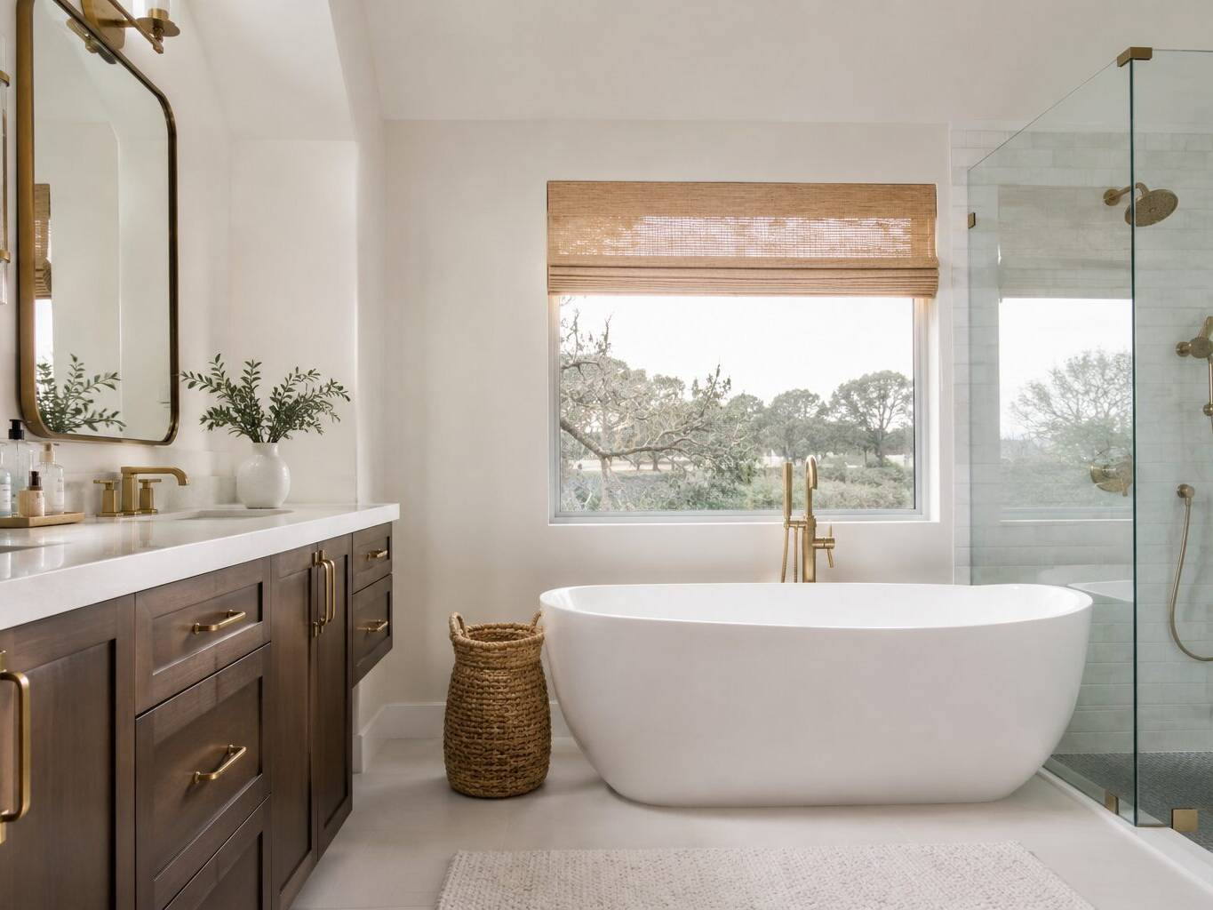 Modern bathroom with a freestanding white tub, glass shower, wooden vanity with gold fixtures, large mirror, woven basket, potted plant, and a window with a natural woven shade letting in natural light.