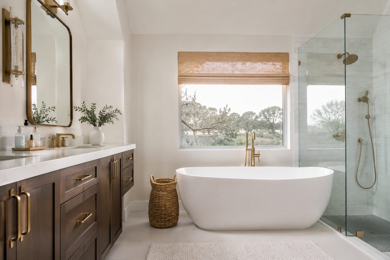 Modern bathroom with a freestanding white tub, glass shower, wooden vanity with gold fixtures, large mirror, woven basket, potted plant, and a window with a natural woven shade letting in natural light.