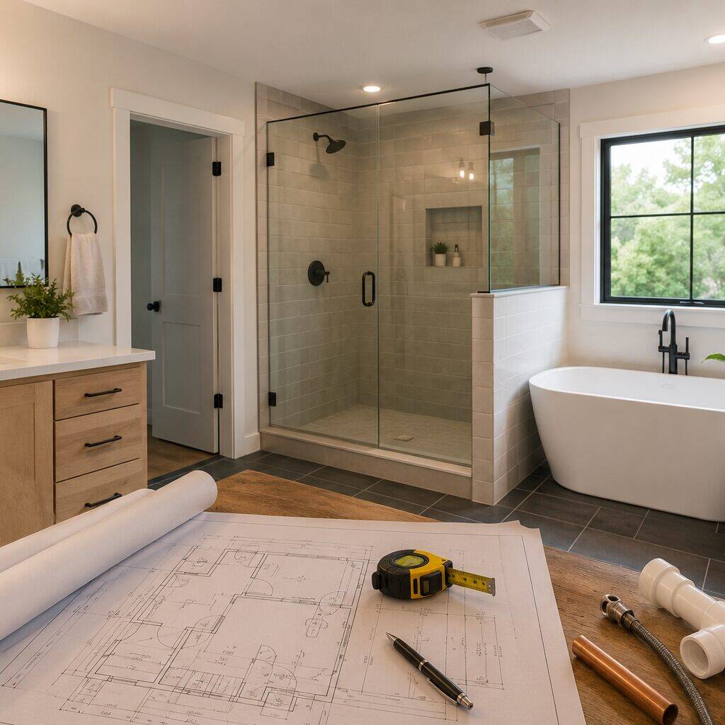 Modern bathroom with a glass-enclosed shower, freestanding tub, light wood vanity, and black fixtures. Blueprints, tape measure, pencil, and plumbing parts are spread out on a table in the foreground.