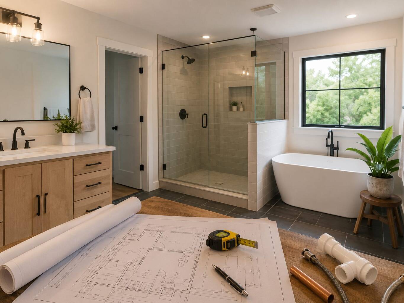 Modern bathroom with a glass-enclosed shower, freestanding tub, light wood vanity, and black fixtures. Blueprints, tape measure, pencil, and plumbing parts are spread out on a table in the foreground.