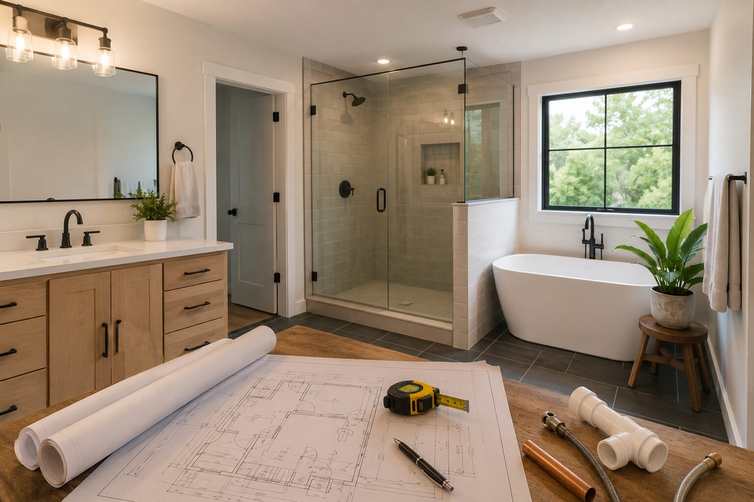 Modern bathroom with a glass-enclosed shower, freestanding tub, light wood vanity, and black fixtures. Blueprints, tape measure, pencil, and plumbing parts are spread out on a table in the foreground.