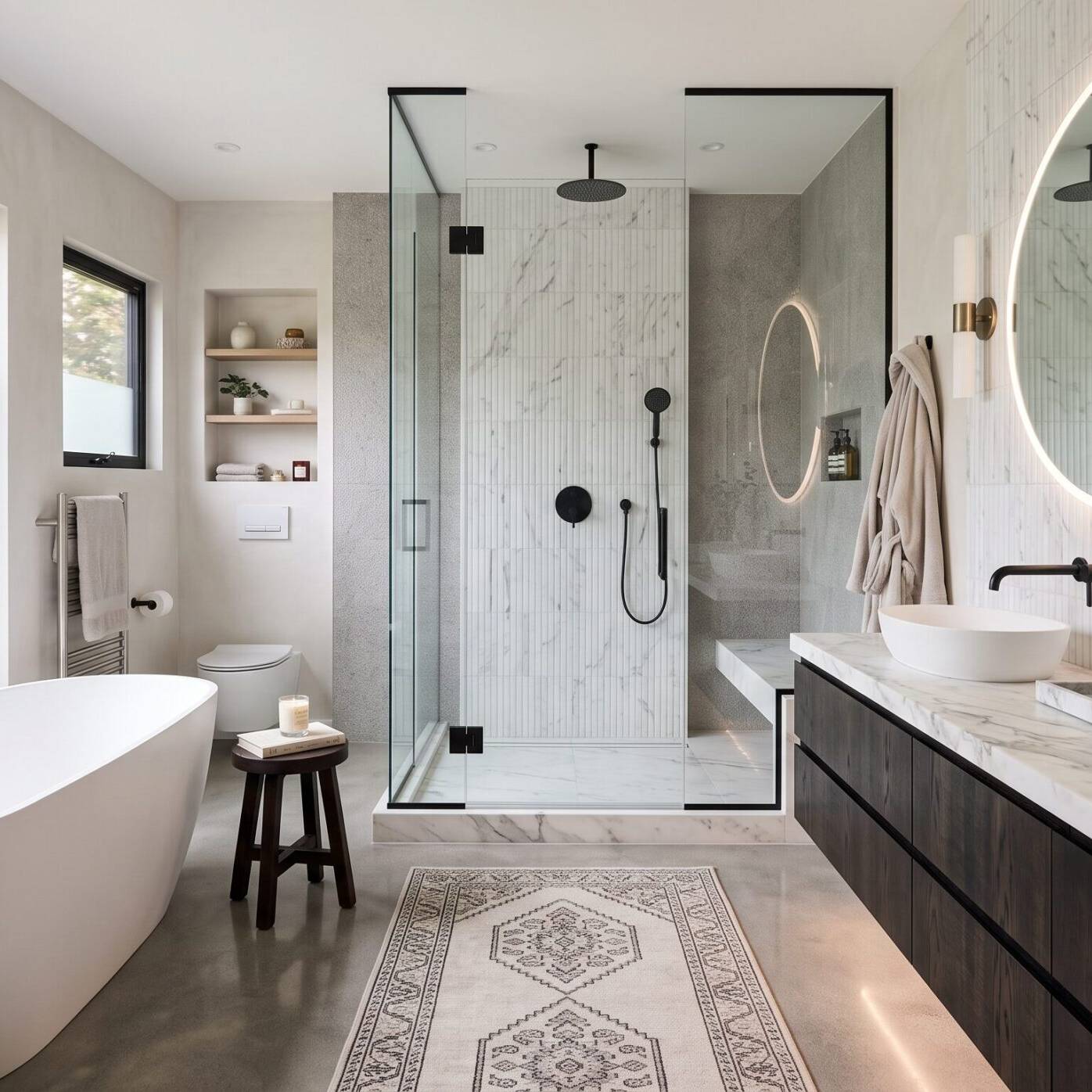 Modern bathroom with a freestanding tub, walk-in glass shower, floating vanity, round mirror, white walls, wood shelves, and large frosted window allowing natural light. Towel, candles, and bath tray accent the space.