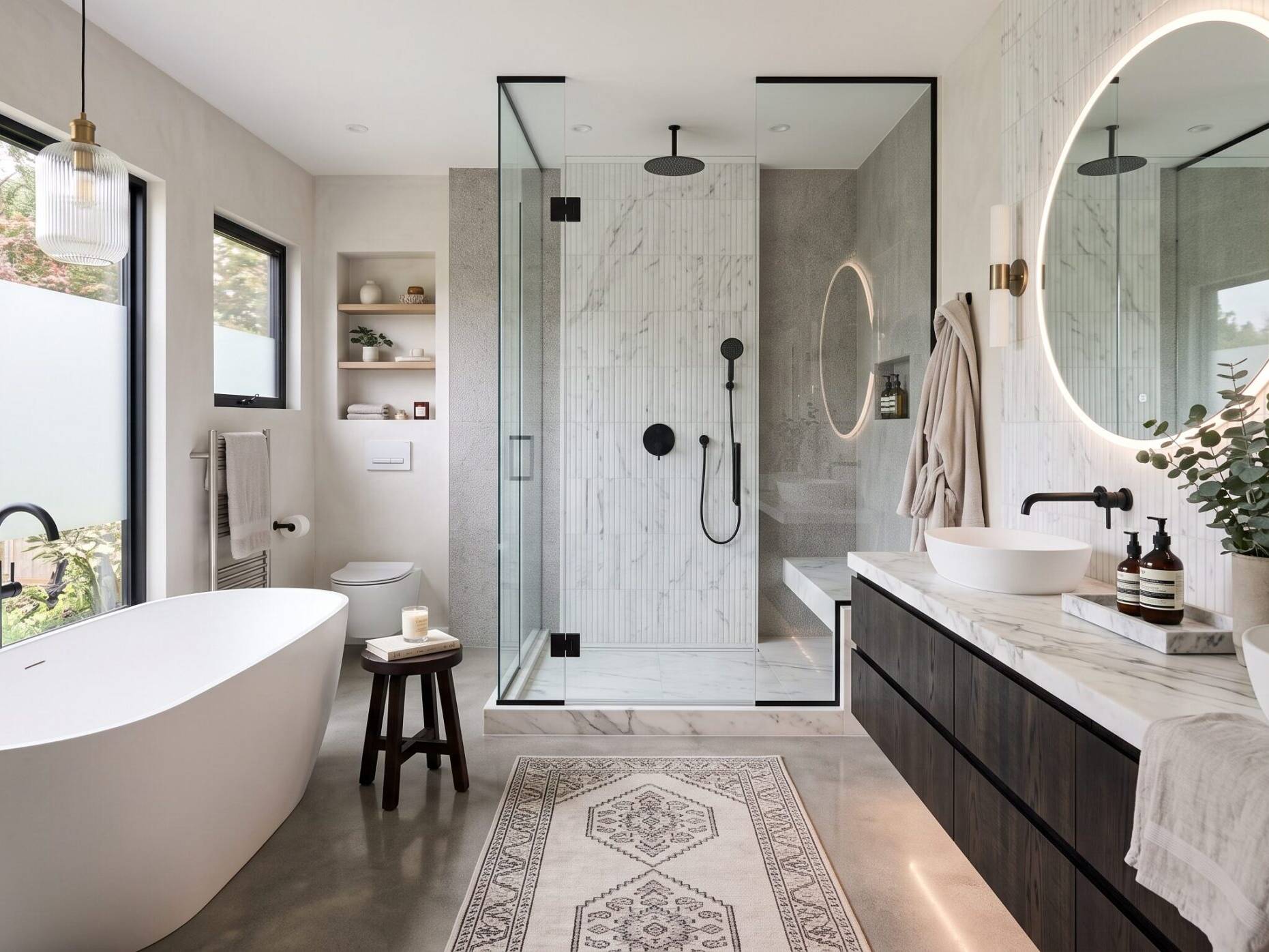 Modern bathroom with a freestanding tub, walk-in glass shower, floating vanity, round mirror, white walls, wood shelves, and large frosted window allowing natural light. Towel, candles, and bath tray accent the space.