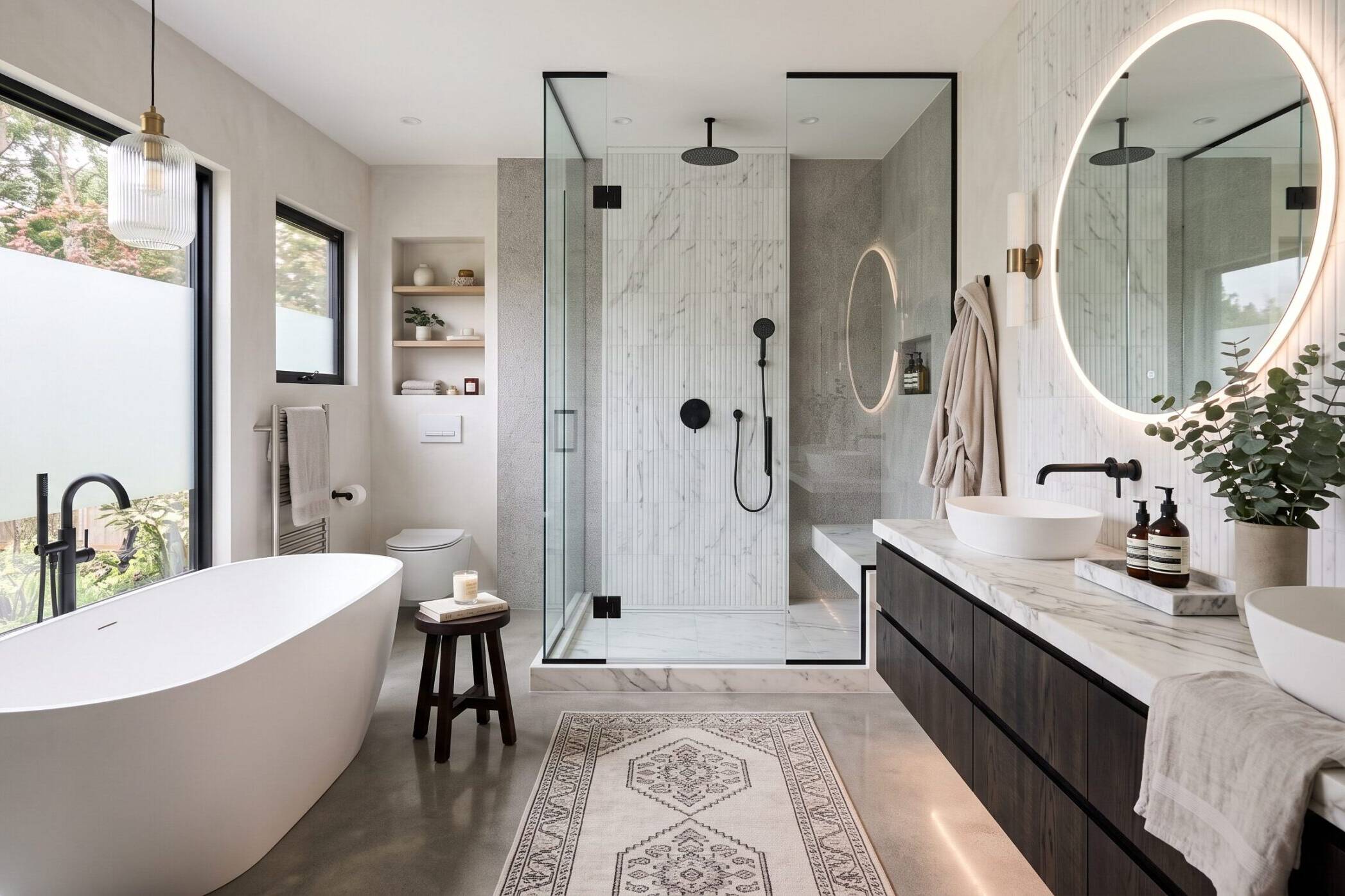 Modern bathroom with a freestanding tub, walk-in glass shower, floating vanity, round mirror, white walls, wood shelves, and large frosted window allowing natural light. Towel, candles, and bath tray accent the space.