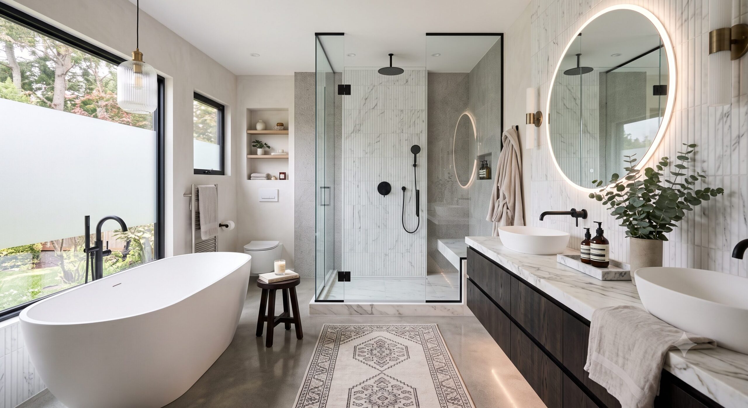 Modern bathroom with a freestanding tub, walk-in glass shower, floating vanity, round mirror, white walls, wood shelves, and large frosted window allowing natural light. Towel, candles, and bath tray accent the space.