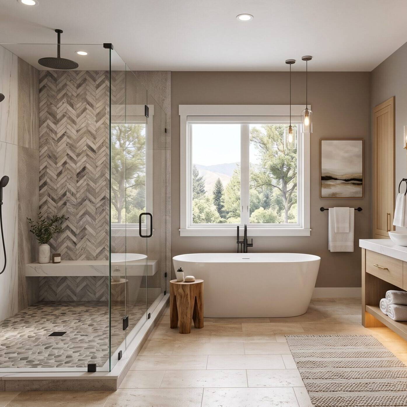 Modern bathroom with a glass shower, freestanding tub, double sinks, large mirrors, and natural light from a window overlooking trees and mountains. Neutral tones and wood accents create a relaxing atmosphere.