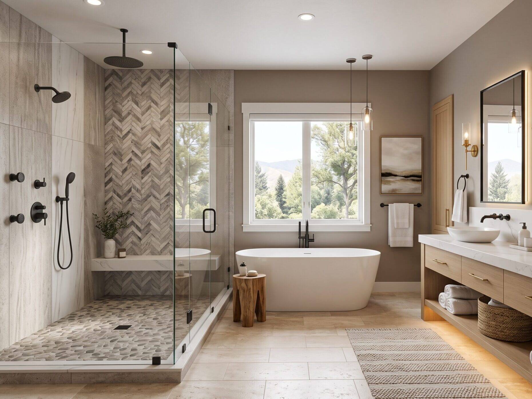 Modern bathroom with a glass shower, freestanding tub, double sinks, large mirrors, and natural light from a window overlooking trees and mountains. Neutral tones and wood accents create a relaxing atmosphere.