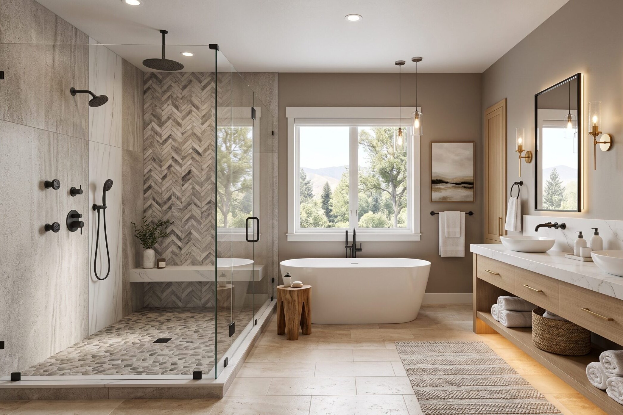 Modern bathroom with a glass shower, freestanding tub, double sinks, large mirrors, and natural light from a window overlooking trees and mountains. Neutral tones and wood accents create a relaxing atmosphere.
