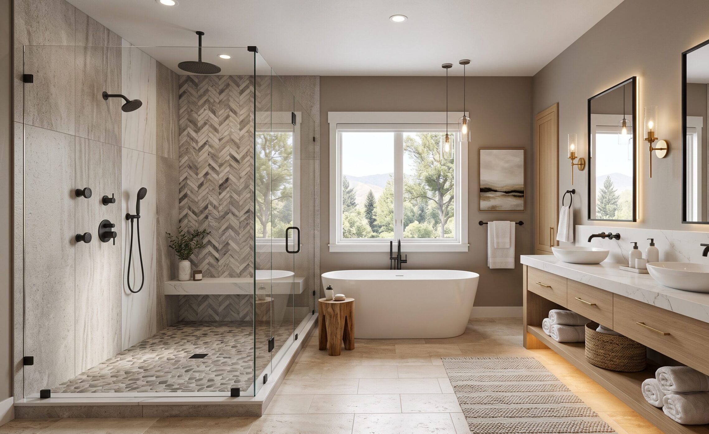 Modern bathroom with a glass shower, freestanding tub, double sinks, large mirrors, and natural light from a window overlooking trees and mountains. Neutral tones and wood accents create a relaxing atmosphere.
