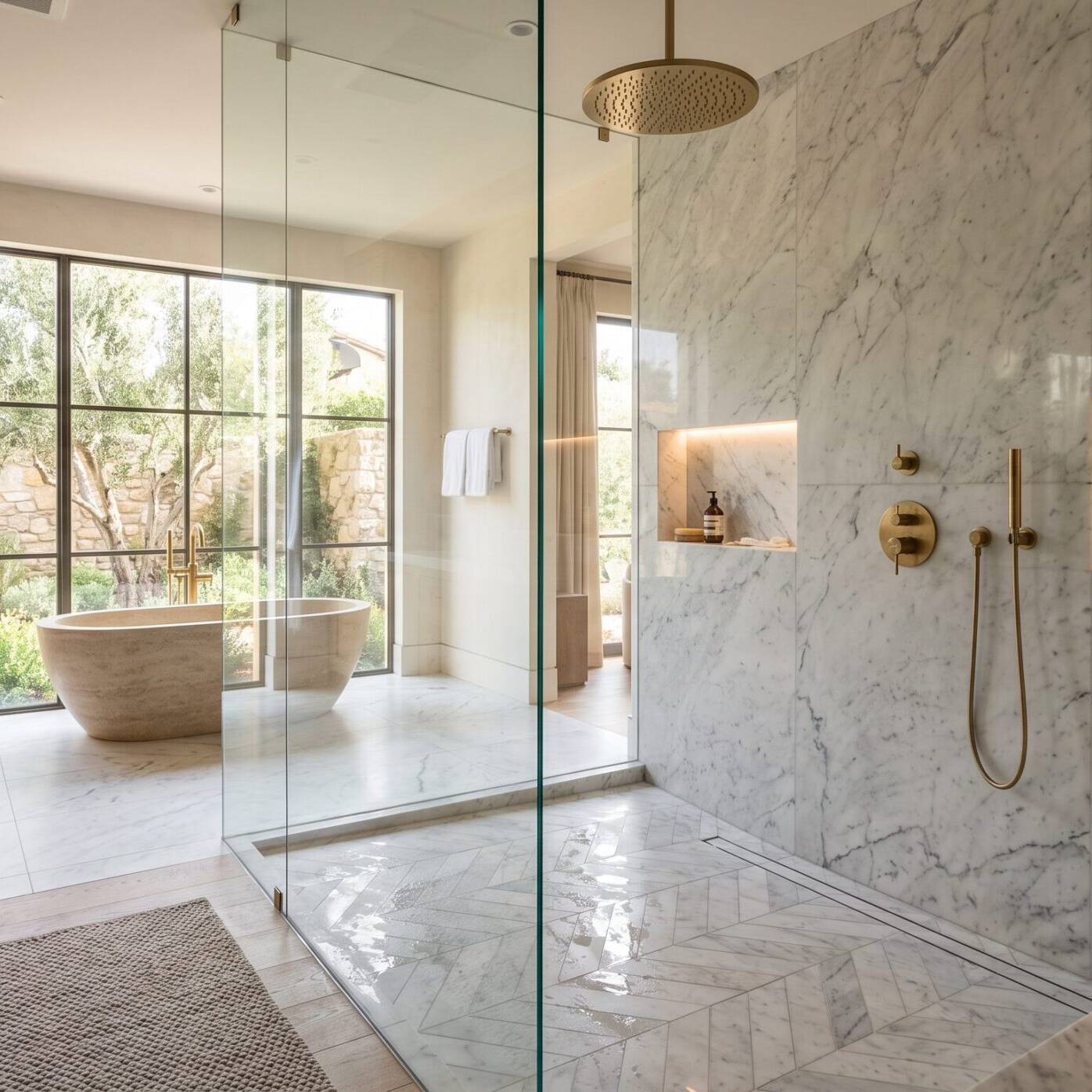 Modern bathroom with large glass shower, marble walls, built-in shelves, gold fixtures, a freestanding bathtub near tall windows, wooden cabinets, and natural light illuminating the space.