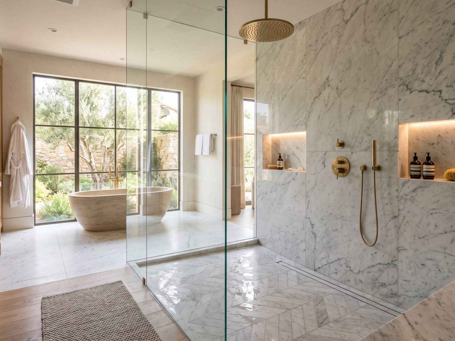 Modern bathroom with large glass shower, marble walls, built-in shelves, gold fixtures, a freestanding bathtub near tall windows, wooden cabinets, and natural light illuminating the space.