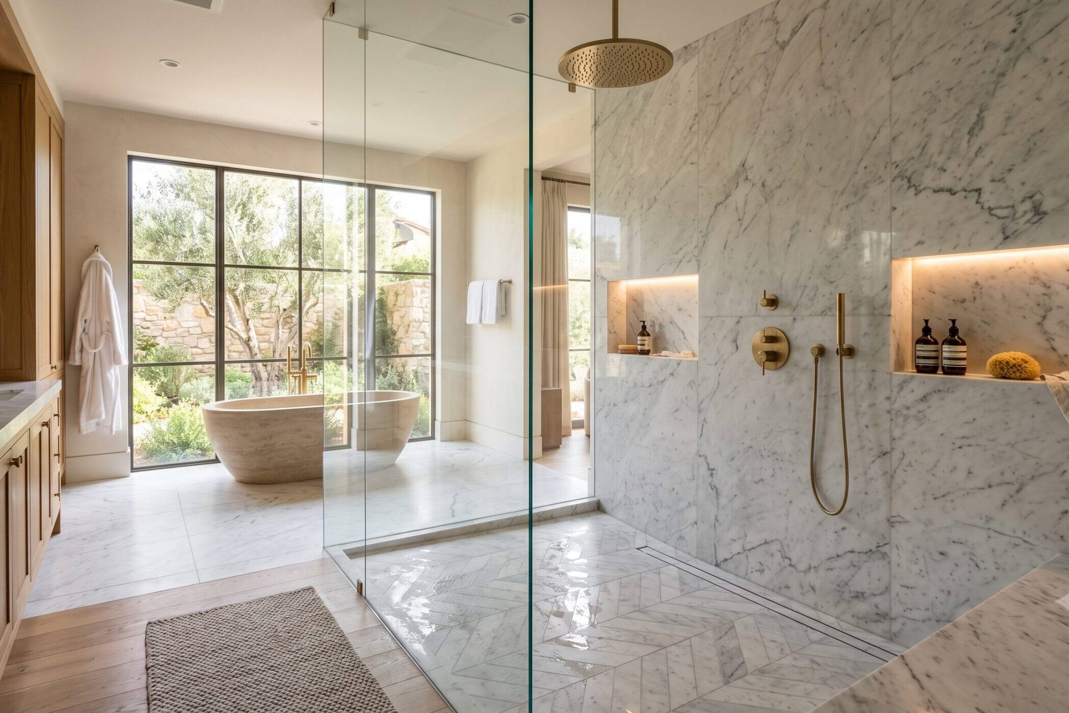 Modern bathroom with large glass shower, marble walls, built-in shelves, gold fixtures, a freestanding bathtub near tall windows, wooden cabinets, and natural light illuminating the space.