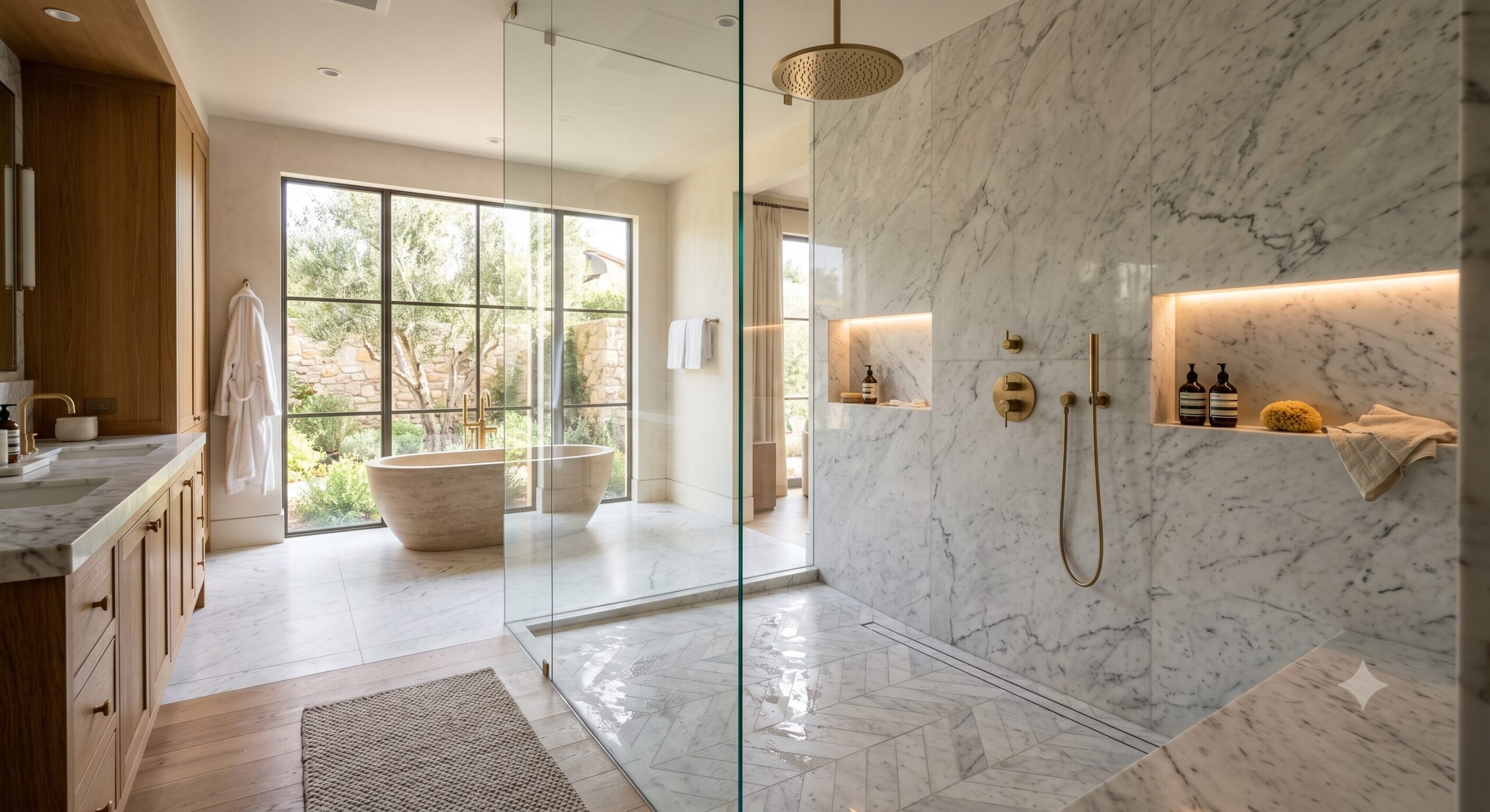 Modern bathroom with large glass shower, marble walls, built-in shelves, gold fixtures, a freestanding bathtub near tall windows, wooden cabinets, and natural light illuminating the space.