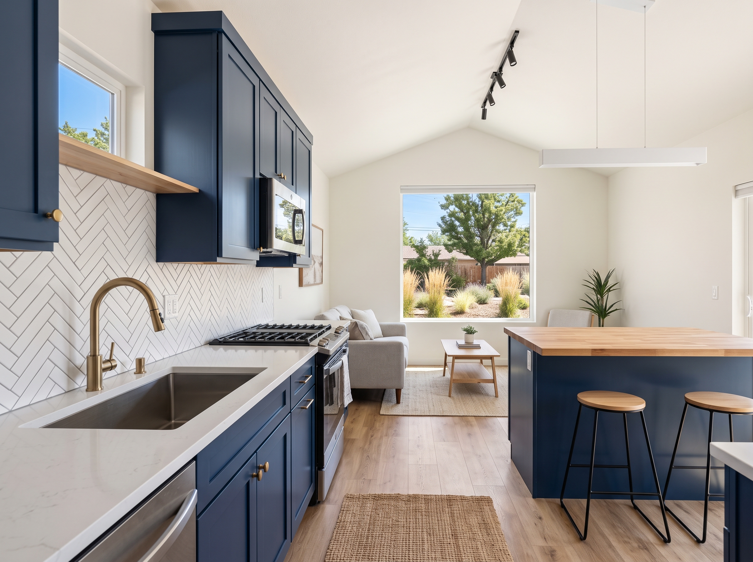 Modern kitchen with navy cabinets, white countertops, a wood island with two stools, and herringbone backsplash. Living area with sofa and large window showing a landscaped yard in the background.