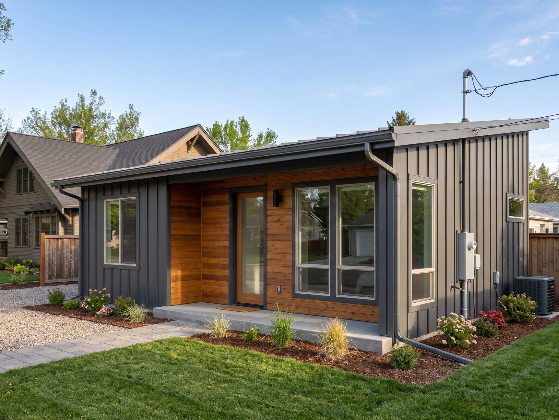 Modern single-story house with gray siding and wood accents, large front windows, and a covered porch. The yard is landscaped with green grass, plants, and a stone walkway.