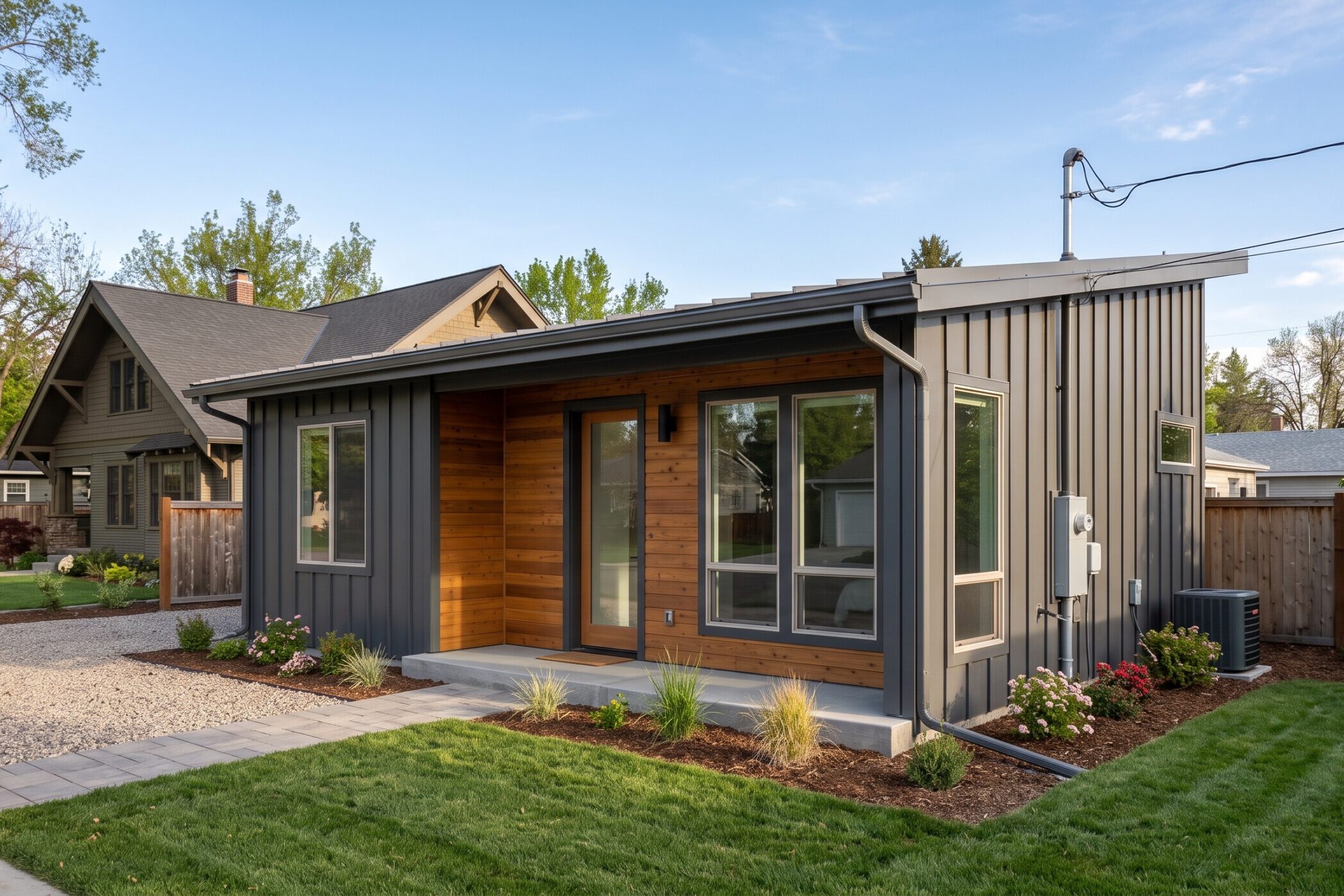 Modern single-story house with gray siding and wood accents, large front windows, and a covered porch. The yard is landscaped with green grass, plants, and a stone walkway.