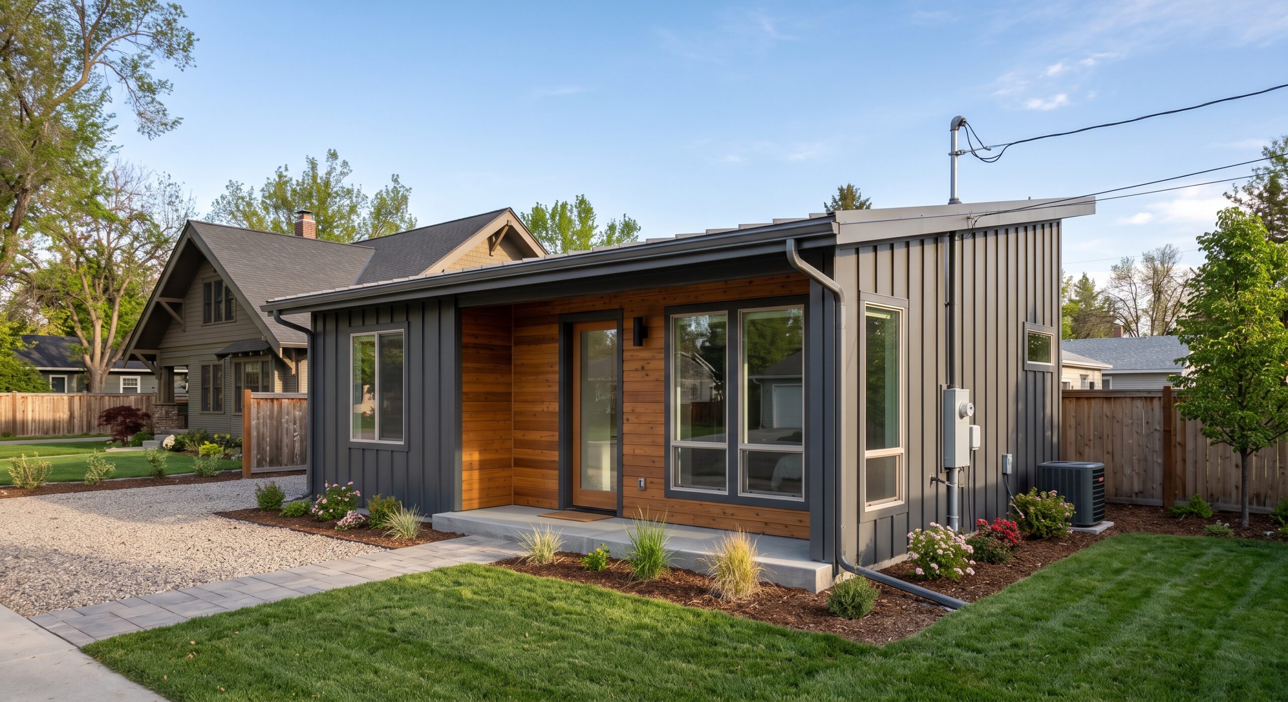 Modern single-story house with gray siding and wood accents, large front windows, and a covered porch. The yard is landscaped with green grass, plants, and a stone walkway.